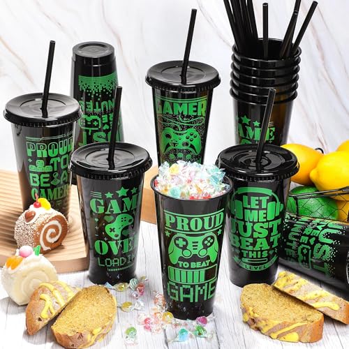 Kochorie 24 Pieces Video Game Plastic Cups 24 Ounces Gaming Party Cups with Lids and Straws Black Green Video Game Tumbler Cups for Birthday Party Video Game Party Supplies Tableware by Kochorie - Used condition - Image 4