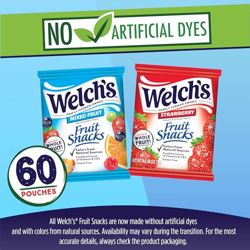 Image of Welch's Fruit Snacks, Mixed Fruit & Strawberry Snack Box, Gluten Free, 0.8oz Snack Packs (Pack of 60)
