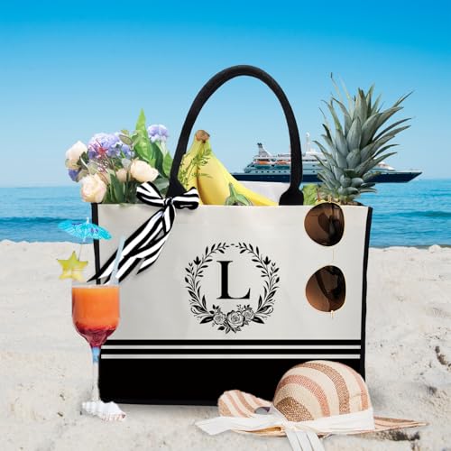 Image of Personalized Initial Canvas Tote Bags, Monogrammed Tote Bag Gifts for Women Teacher Friend for Birthday Wedding