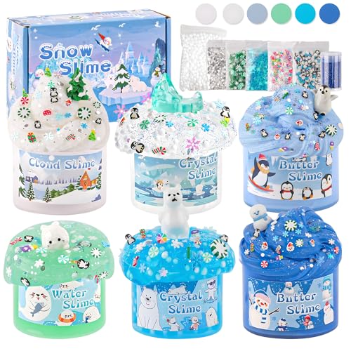 LAWOHO 6 Packs Snow Slime Kit - Cloud Slime, Butter Slime, Clear Slime & Water Slime, Crunchy Slime for Kids with Slime Add-ins, Slime Kit for Girls & Boys Birthday Halloween Christmas Easter Favors