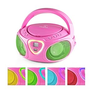 auna Roadie – CD-radio, stereo, boombox, USB, MP3, FM-radiotuner, Bluetooth 2.1, LED-verlichting, 2 x 1,5 W RMS-voeding, netvoeding en batterijvoeding, roze