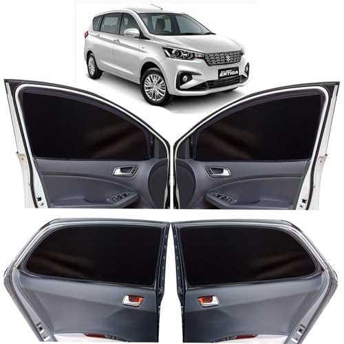 Image of OTO2EYE Car Sun Shade Compatible for Maruti Suzuki Ertiga Model 2019 to 2025, Z-Black Super Magnetic Grip, Front Window Zipper, Side Window Curtains, 6 Pieces Set