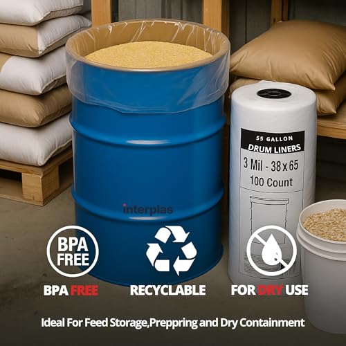 Image of Interplas 55 Gallon Drum Liners - 3 Mil LDPE - BPA-Free Barrel Liners - 38 inchx65 inch - 100 Count - Flexible, Clean and Leak-Resistant Bulk Packaging-Liners for General Industrial Use.