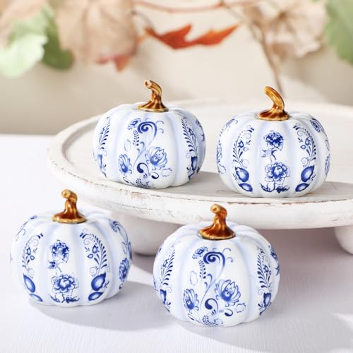 RimCereal 4 Pcs Chinoiserie Ceramic Pumpkins Fall Decorations Blue and