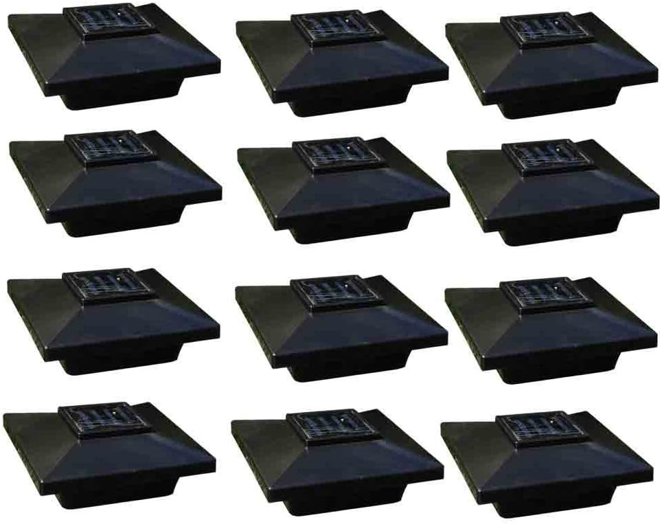 (12 Pack) Solar Post Cap Low Profile 4 SMD LED Off 4"X4" PVC Fence Post with Adapter for 3.5" x 3.5" Wood Post (Black)