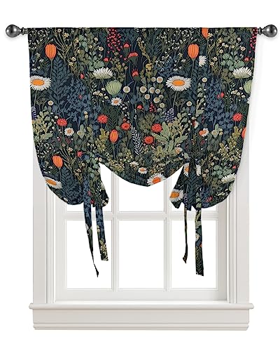 Yukro Tie Up Curtains Window Shades, Vintage Flowers Floral Botanical Leaves Rod Pocket Tie Up Window Shade, Adjustable Balloon Curtain Shade for Blinds Kitchen Bathroom, 1 Panel, 52
