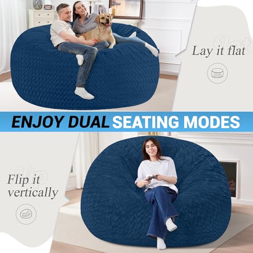 Image of 6FT Bean Bag Chair,Giant Bean Bag Chairs for Adults,Big Bean Bags with Memory Foam Filled, Large Beanbag Chairs with Chevron Plush Cover-Blue