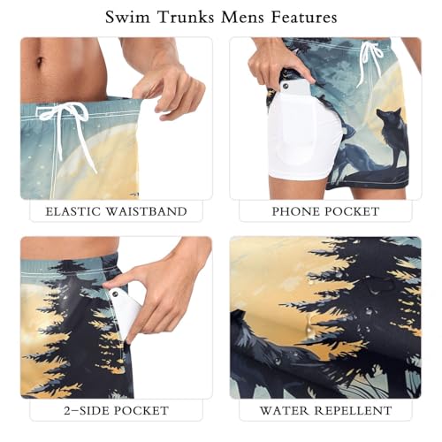 2 in 1 Mens Wolf Swim Trunks 4.7 Inch Swim Shorts Swim Suits Board Shorts（748）4