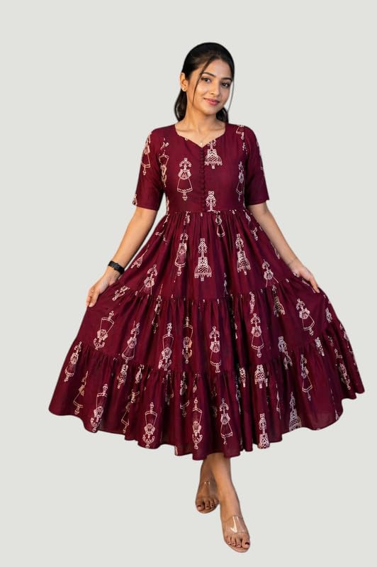 white hill enterprises Warli Art Hand Block Printed Cotton Blend Midi Gown for Women | Flared Anarkali Long Dress with Micro Crepe Lining | Ethnic Casual Summer One Piece Dress | S to 3XL Wine-picture-16