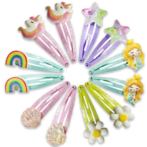 NICECONE 12 Pcs Girls Unicorn Rainbow Shell Mermaid Hair Clips Snap Clips with Cute Flower Pattern Barrettes Hair Pins Sparkly Hair Accessories for Toddler Little Girl Birthday Party Gifts