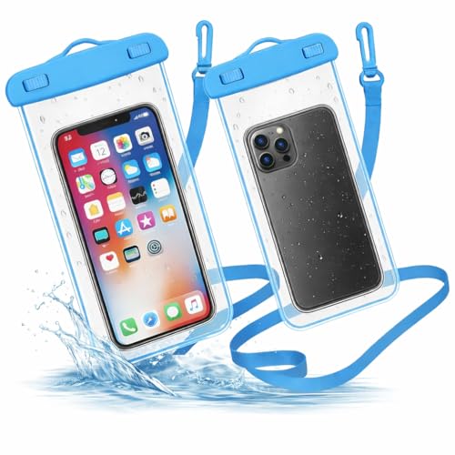 Image of PulGos Pack of 2 Waterproof Phone Pouch (Blue) | IPX8 Transparent Mobile Pouch with Lanyard | Secure Lock Clear Phone Cover for 𝐢𝐏𝐡𝐨𝐧𝐞 & 𝐀𝐧𝐝𝐫𝐨𝐢𝐝 | Swimming, Beach,Travel & Water Sports