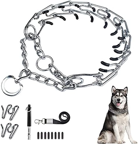 Dog Prong Traing Collar, Choke Pinch Collar for Dogs [2 Extra Links][Dog Whistle][Quick Release] with Martingale Chain and Rubber Caps, No Pull Dog Collar for Small Medium Large Dogs[X Large] 1
