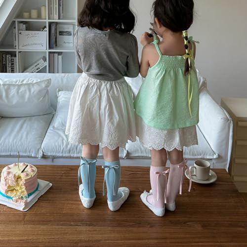 6 Pairs Girls Cotton Crew Socks with Ribbon Bow, 3/4/5/6/7/8 Years Spring Summer Thin Mid-Calf Knee Socks3