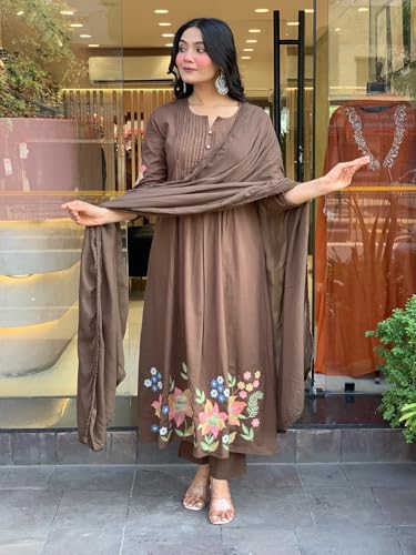 Image of GoSriKi Women's Rayon Viscose Embroidered Anarkali Kurta with Pant and Dupatta | Three Piece Ethnic Kurta Set for Women with Elegant Design