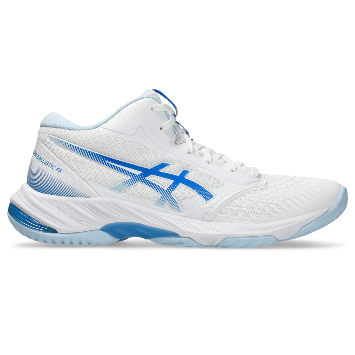 ASICS Women's Netburner Ballistic FlyteFoam Mid Top 3 Volleyball Shoes, 8.5, White/Blue Coast