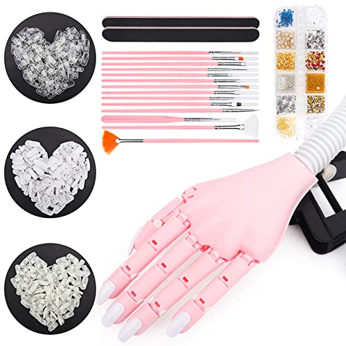 Deciniee Mano para Practicar Uñas, Mano de Practicas de Uñas y 300 Piezas de Uñas Acrilicas,Practicas Uñas Postizas Dedo de Practica Falsas Mano para Uñas Manicural, Decoración de Diamantes Imitación Cover