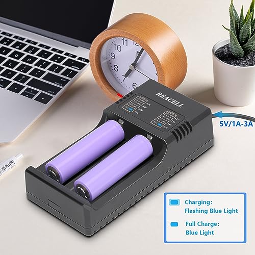 REACELL 18650 Battery Charger, Universal Fast Dual Charge Battery Charger for 3.7V/3.6V Li-ion Rechargeable Batteries 18650 18500 18490 18350 17670 17500 16340(RCR123) 14500 26650 22650 with USB Cable