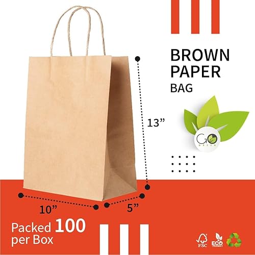 Miniatura 2 de JQ - Bolsas de papel kraft recicladas de 10 x 5 x 13 con asas, 250 piezas, bolsas de papel marrón con asas, bolsas de regalo a granel, bolsas de