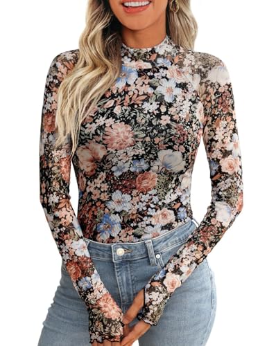Arssm Women's Floral Mesh Long Sleeve Mock Neck Tops