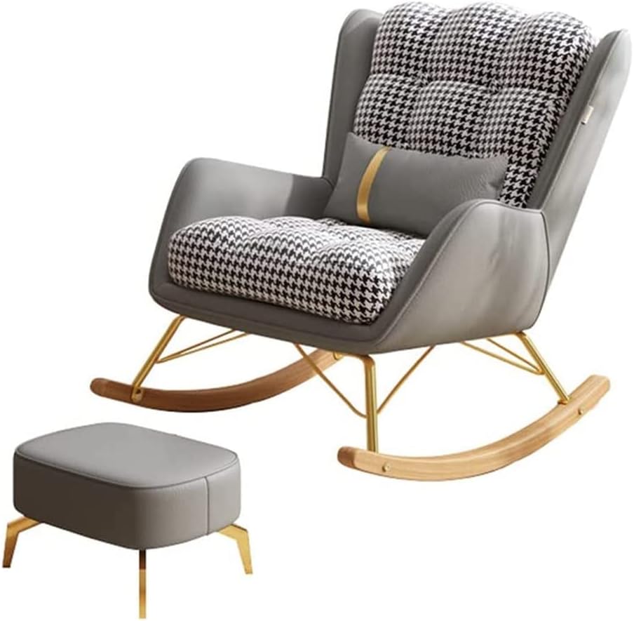 Rocking Chair Upholstered Glider Rocker Accent Chair with Lumbar Pillow and Ottoman,Indoor Baby Chair Comfy Armchair Mid-Century Chair for Mom/Brown