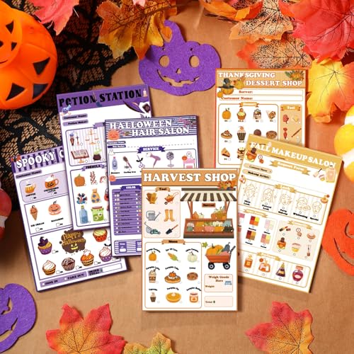 Image of Eaasty 6 Pack Kids Pretend Play Notepads 4x6 Inch,Fall and Halloween | 6 Career Themes Dental Police Vet Makeup Restaurant, 40 Pages per Notepad for Toddlers Imaginative Activity and Learning