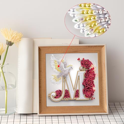 Image of AiYuanzsh 5D Diamond Art Kits for Adults Letter M, Modern Rose & Dove Floral Diamond Painting Kit for Beginners, Luxury Initial DIY Diamond Art for Home Decor 17x17cm
