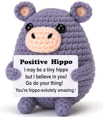 Weming Gift for Women Or Men Small Stuffed Animal for White Elephant Christmas Stocking Stuffers Gray Crochet Hippo/Hippopotamus 4 Handmade Amigurumi Plush with Positive Sign Desk Decor