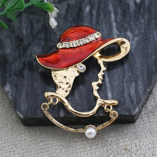 Image of Elegant Lady Lapel Brooch Pin for Women Crystal Rhinestone Faux Pearl Hat Red Enamel Pins Vintage Backpacks Badges Suit Dress Accessories Jewelry Gifts