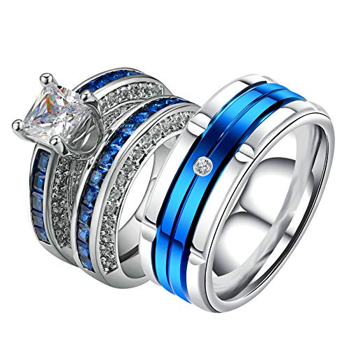 Epinki Anillos de Pareja Circonita Forma Cuadrada Azul Plata Anillos Compromiso Talla Mujer 25 & Hombre 25
