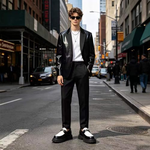 Image of XENTORD Men's Patent Leather Platform Loafers Comfort Non-Slip Lug Sole Slip-On Dress Shoes with Metal Horsebit Detail for Business Office & Casual