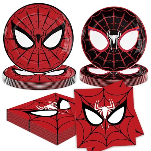 LaVenty pratos de cartão vermelhos e pretos louça de super-heróis para aniversário louça com tema de arana jogo para festas infantis louça decorativa para crianças conjunto de festa
