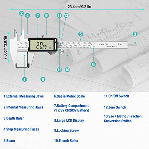 Raynesys Digital Caliper 6 Inch With Large Lcd Screen, Inch/Mm/Fraction Conversion, 150Mm Micrometer Caliper All Stainless Steel Diameter Measuring Tool For Jewelers/Woodworkers/Diy #TOP5