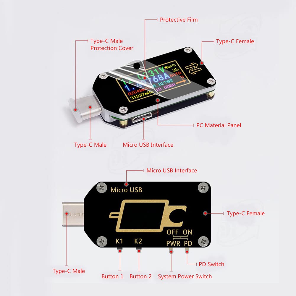 USB-Tester, digitales LCD-Display, Spannung, Strom, Leistungsmesser, Multimeter mit Bluetooth für mobile Geräte, Ladeüberwachung, ABS-Material, 49 x 22 x 8 mm