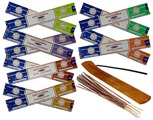 Nag Champa Varitas de Incienso 12 x 16 Gramos Caja de Incienso Varillas de Incienso perfumadas con Porta-Incienso Incienso aromático Natural Relajación Aromaterapia varitas de Incienso Nag Champa Cover