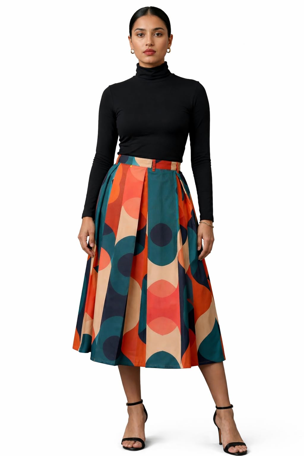 aask Women Green TealColor Printed A-Line Pleated Midi Skirt. 100% Pure Cotton, Breathable, and Perfect for Summer Office or Casual wear-picture-52