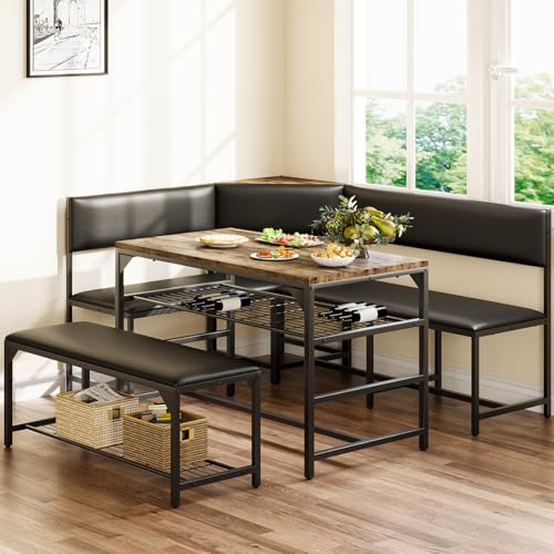 Concho Kitchen Breakfast Nook Table Set with Soft Seat Corner Dining Table Set for 4-6 People Dining Room Sets for 4 Space Saving Kitchen Booth Seating with Table for Small Space Coffee Brown