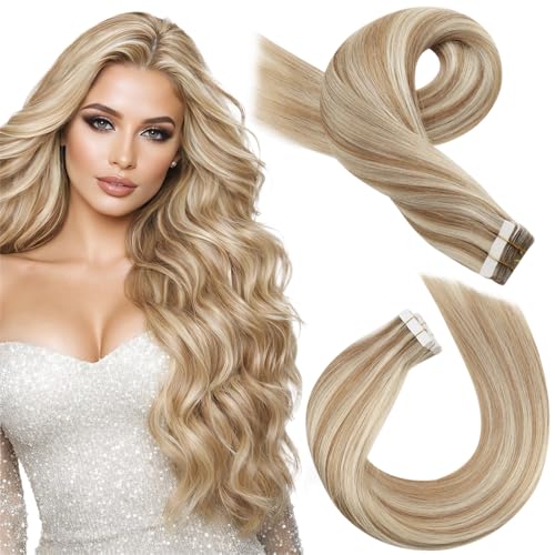 Image of Moresoo Tape in Extensions Brown Blonde Highlights 12in 20Pcs 30g | Human hair tape in extensions, medium brown lowlights, platinum blonde ribbons, flat tabs, short layers for daily wear