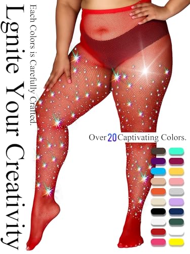 Image of HONENNA Queen Plus Size 10X Strong Rhinestone Fishnet Stockings, Ultra Sparkly High Waist Tights for Women, Party Concert