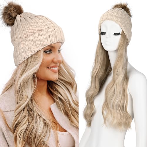 HOOJIH Hat Wig, Hat with Hair Long Wavy Curly Warm White Beanie Wig with Faux Fur Pom Attached 12 Inch Synthetic Hairpiece for Women Girls Winter- Light Golden Blonde with White Blonde