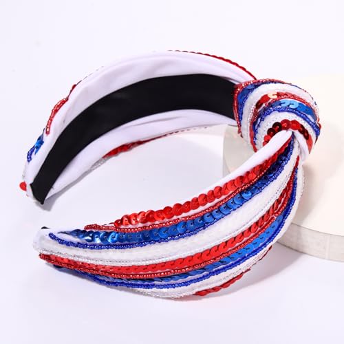 4-th-of-July-Headband-for-Women-Girls-Fourth-of-July-Knotted-Headband-Red-White-and-Blue-Sequin-Beaded-Patriotic-Hairband-American-Flag-USA-Independence-Day-Head-Band-Hair-Accessories-Gifts