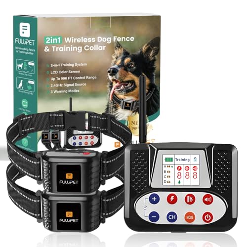 Wireless Dog Fence for 2 Dogs, 2-in-1 Electric Fence for Dogs, Wireless Dog Fence System with Big LCD Screen Remote, Electric Dog Fence Collar Adjustable & Waterproof, Wireless Fence for All Dogs