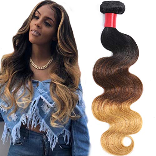 AUTTO Hair 3 Tone Ombre Brazilian Body Wave Human Hair Bundle Ombre 1B/4/27 One Bundle Unprocessed Body Wave Human Hair Weave Extension (1B/4/27,24")