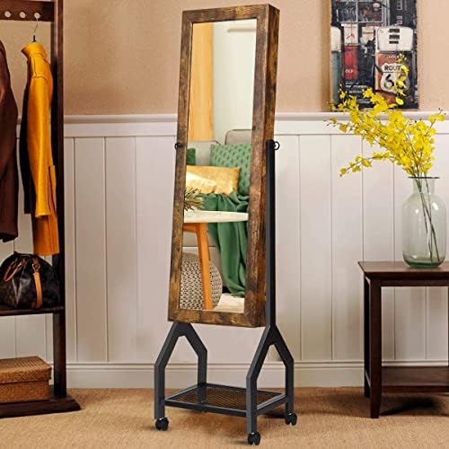 CASART Mirrored Jewelry Cabinet, Lockable Jewelry Armoire with Storage Racks & 4 Casters, Jewelry Makeup Organizer for Earrings, Necklace, Cosmetics