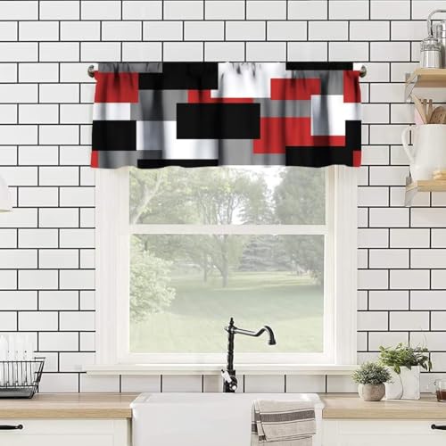 Image of Red Black Grey Geometric Window Valance Curtain, Splicing Geometric Plaid Abstract Square Multicolor Checkered Window Treatment Valances for Kitchen Living Room Cafe Decor 54'x18', 1 Panel