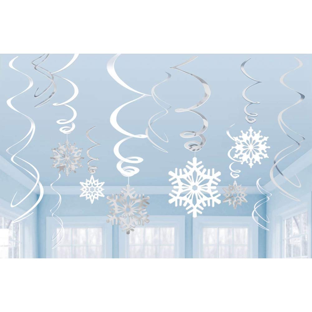 Dadaa Silver, White Christmas Snowflake Swirl Ceiling Hanging Decorations, Silver & White Ceiling Dangling Christmas Ornaments,12Pcs