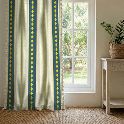 Image of Urban Space Boho Decorative Curtain for Window, 100% Cotton Curtain 5 Feet Long, 1 piece Curtain with Tassels, 60-65% Room Darkening with Tieback and Eyelets (Alora Dark Teal, 5 Feet)