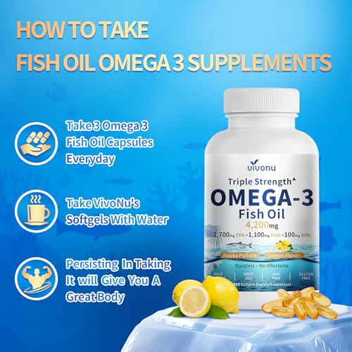 Image of VivoNu Triple Strength Omega 3 Fish Oil - 4200mg, 360 Softgels | Enteric-Coated for No Fishy Aftertaste | Wild-Caught | Third-Party Tested