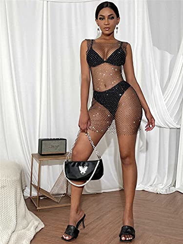 Formery Sexy Mesh Swimsuit Cover Ups Sheer Rhinestone Beach Sleeveless Coverups Fishnet Hollow Out Dress Body Chains Fashion Rave Festival Clubwear Cover Up For Women And Girls Black #TOP4