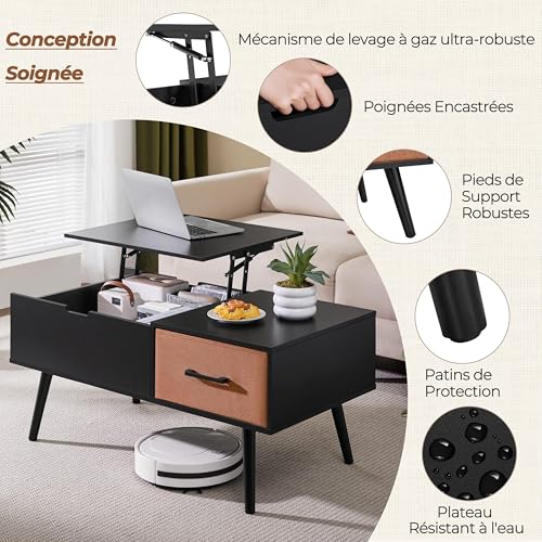Table basse relevable avec rangement caché et tiroir pliant - 6