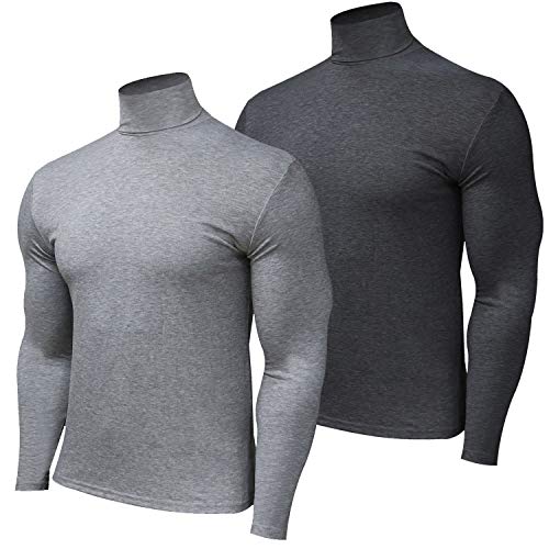 HTB Mens Premium Cotton Blended Soft Turtleneck Pullover Sweater Slim Fit Thermal Tops 2 Pack(01 Long Sleeve,DeepGray+LightGray,US L)